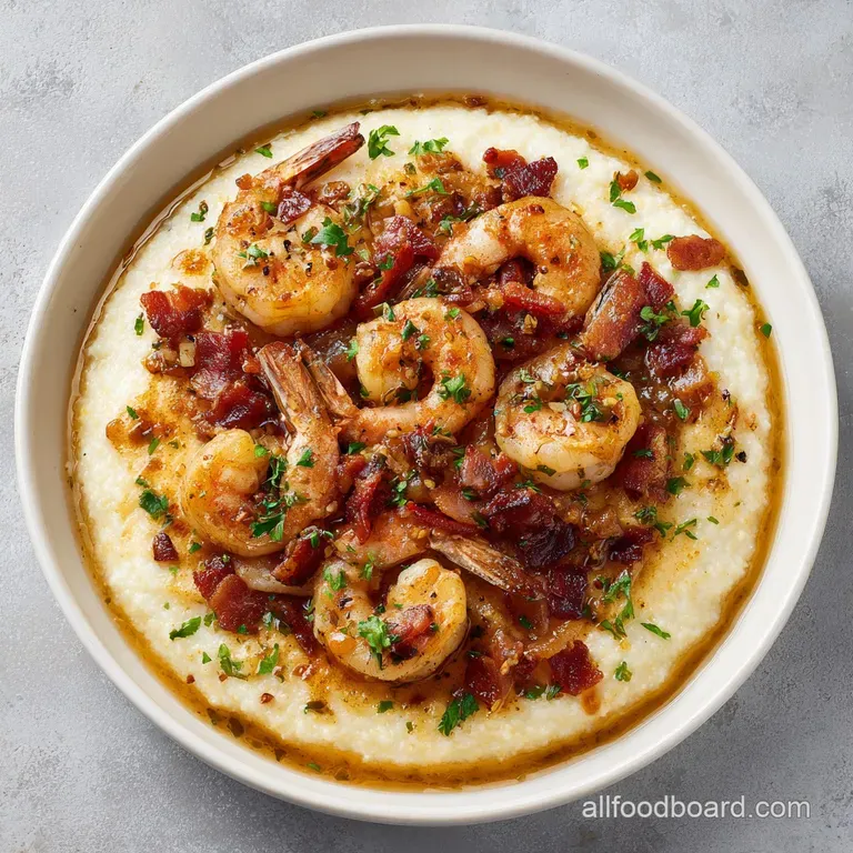 A polished white bowl filled with velvety grits cradles succulent shrimp, glistening with a rich sauce.