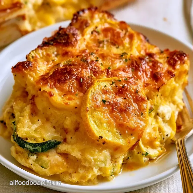 A square slice of cheesy baked squash on a white plate, topped with toasted breadcrumbs and a sprig of fresh parsley.