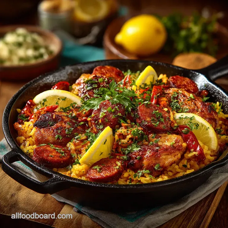OnePan Spanish Sunset Chicken and Chorizo Rice PaellaInspired Skillet Supper