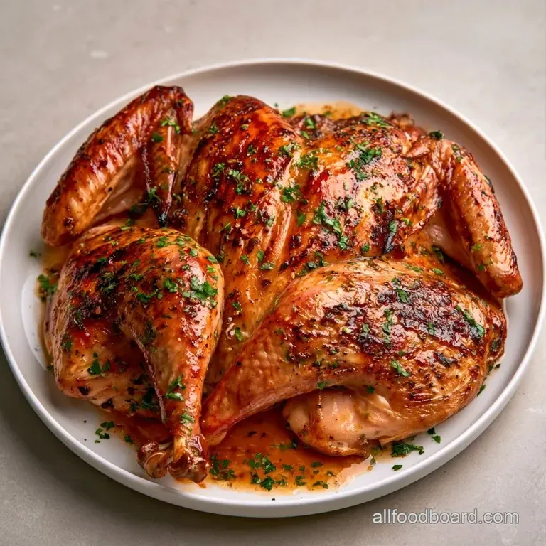 Thin slices of juicy turkey with golden crackling skin, elegantly plated with vibrant greens and a drizzle of jus.