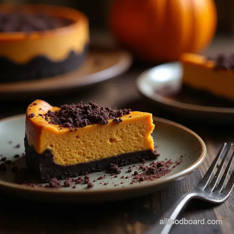 The Midnight Graveyard Spiced Pumpkin Cheesecake with Black Cocoa Crumble presentation