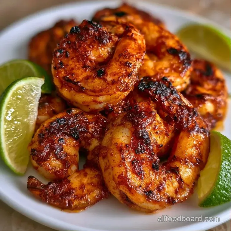 Symmetrically arranged grilled shrimp on a white plate with a vivid swirl of orange sauce and fresh green herbs.