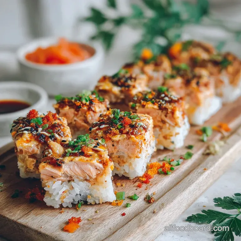Elegant slice of spicy salmon sushi bake on a plate, showcasing layers of creamy rice and vibrant salmon, garnished with g...