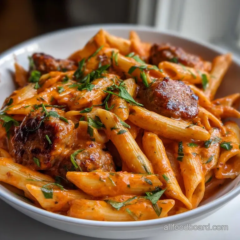 Spicy Sausage Pasta: Fiery Penne in Tomato-Cream Sauce presentation