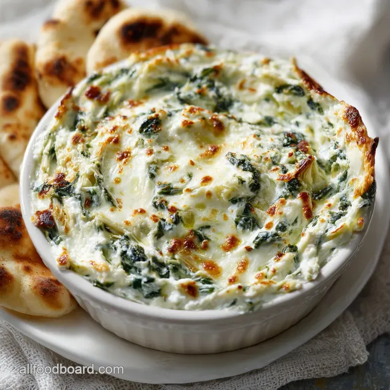 Creamy spinach artichoke dip served warm in a rustic bowl, garnished with fresh parsley and accompanied by toasted bread.