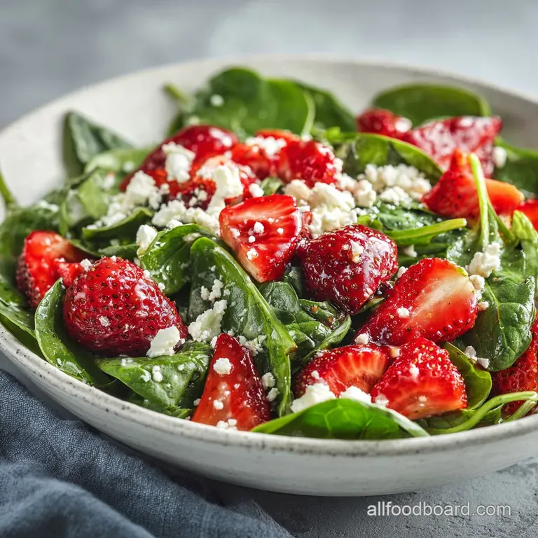 Plated spinach salad: dark greens contrast with creamy goat cheese crumbles and ruby-red strawberries, drizzled with a gol...