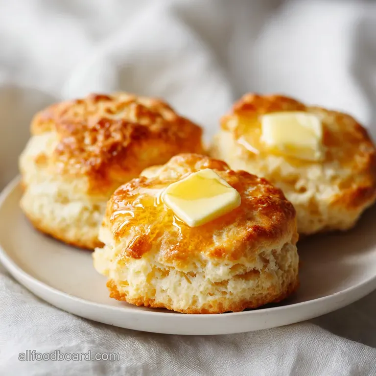 A stack of warm, golden biscuits on a white ceramic platter, served with a side of creamy butter and fresh herbs.
