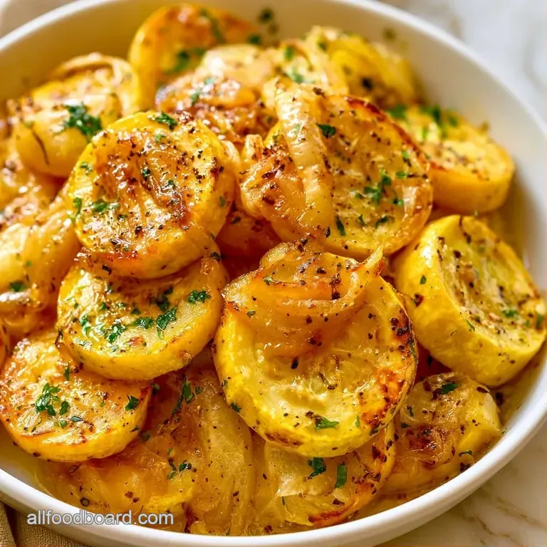 Tender golden squash slices and caramelized onions neatly piled in a white ceramic bowl with a sprig of parsley.