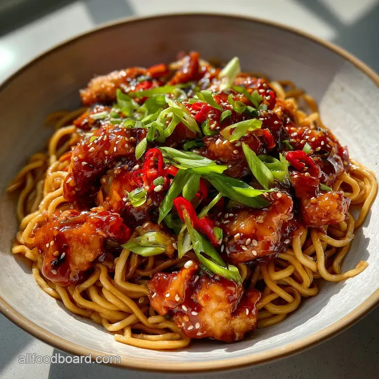 Asian Food: Sticky Glazed Chilli-Ginger Chicken Noodles presentation