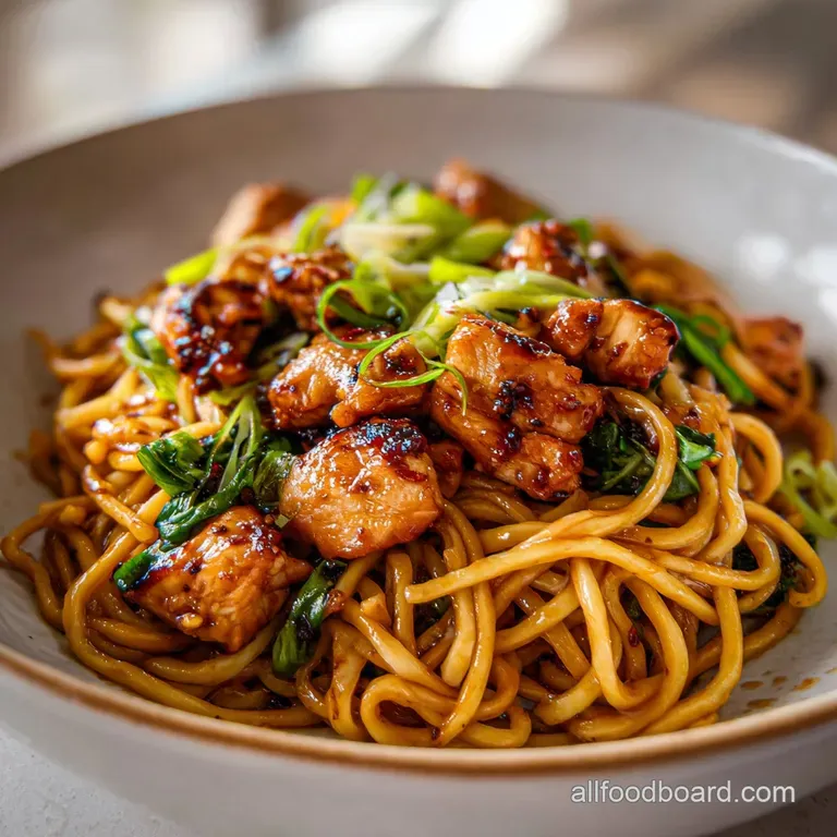 Close-up of plated noodles, chicken glazed and glistening, with a vibrant green scallion garnish, hints of steam rising up...