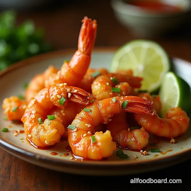 Sticky Korean Firecracker Shrimp with Sesame Lime presentation