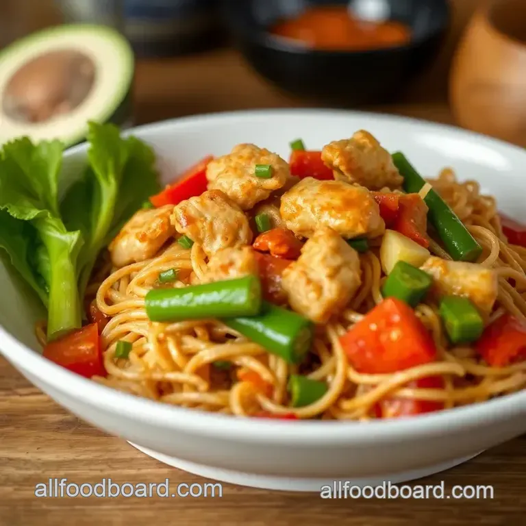 Vibrant Stir-Fried Chicken Pancit with Fresh Veggies presentation
