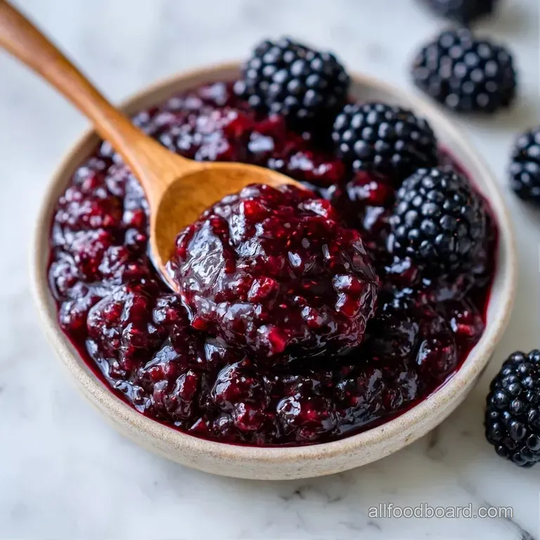Deep violet jam spread on golden toast with a swirl of butter, garnished with a fresh blackberry and lemon slice.