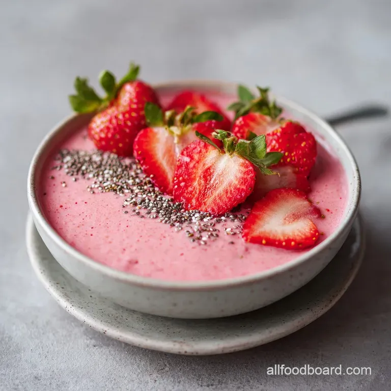 A vibrant pink smoothie bowl in a white ceramic bowl, neatly lined with fruit slices and a sprig of fresh mint.