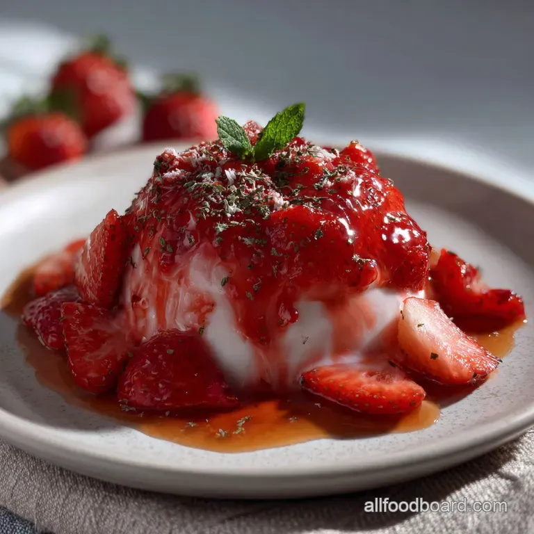 Tall glass showcasing layered pink and white textures, topped with a bright red strawberry, a dusting of coconut, and a st...