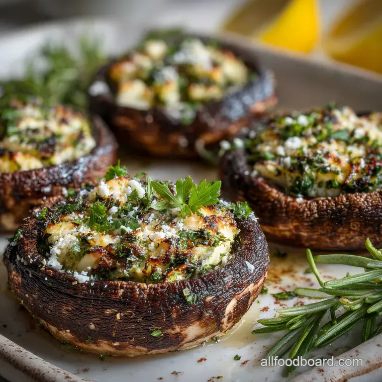 A single stuffed portobello mushroom glistening with olive oil, herbs sprinkled atop. Elegant presentation on a white plat...