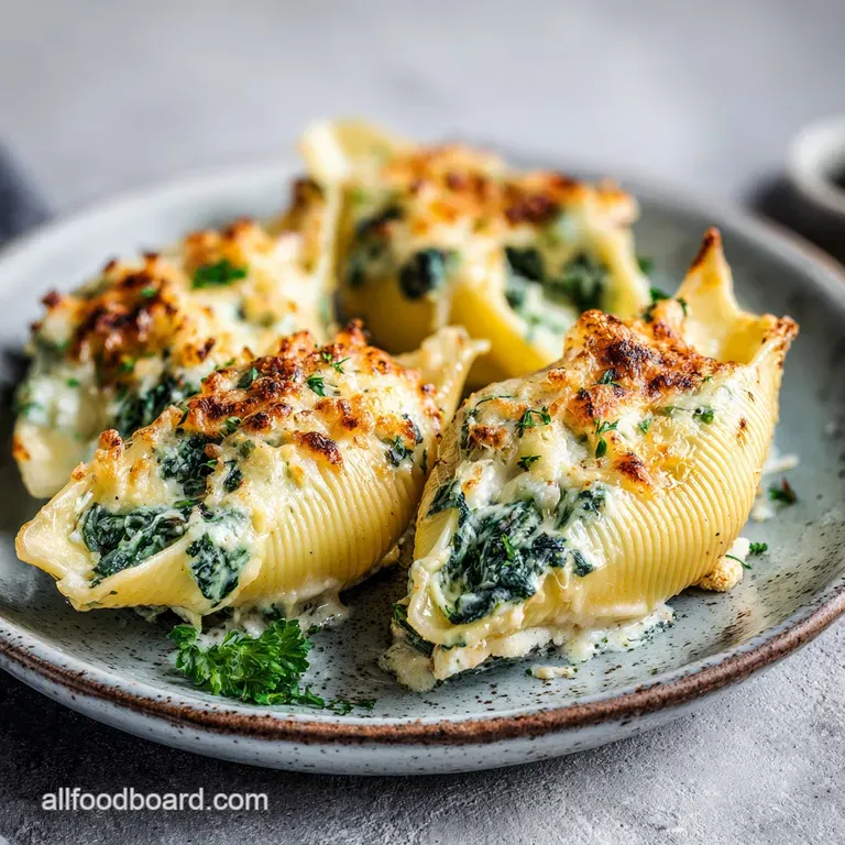 Elegant plate featuring creamy stuffed pasta shells drizzled with vibrant red sauce and garnished with fresh basil.