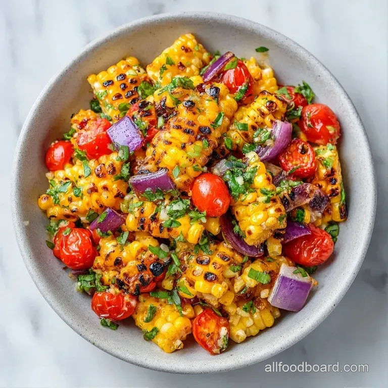 A vibrant salad of charred corn and red tomatoes in a white ceramic bowl topped with crumbled white feta cheese.