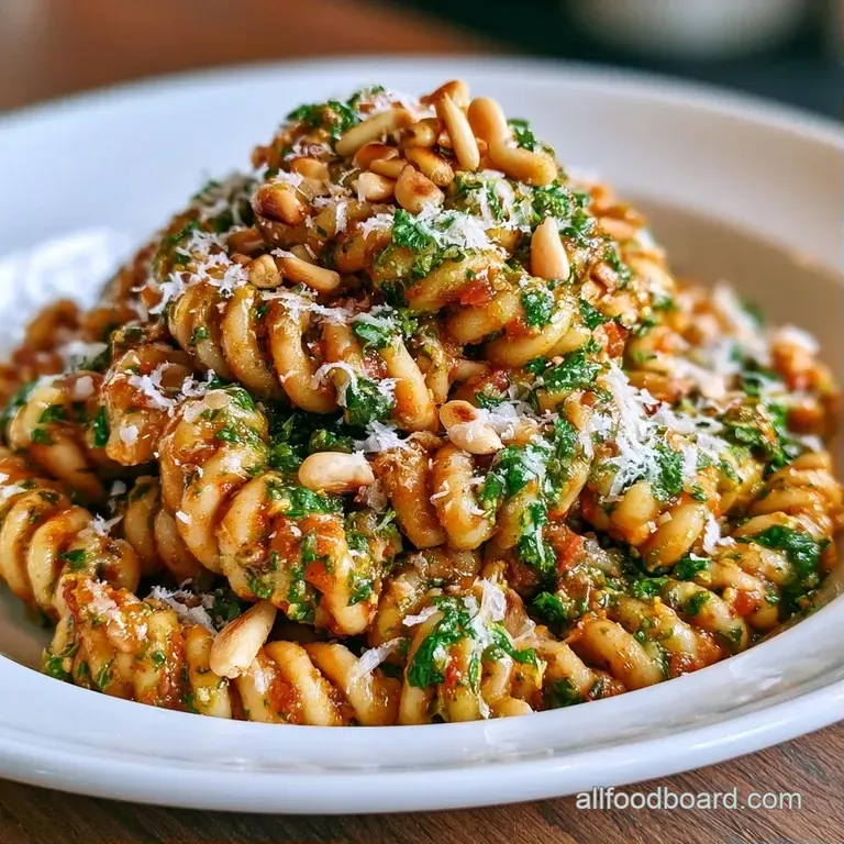 Twisted pasta coated in a vibrant orange sauce, garnished with parmesan curls and basil on a minimalist dark plate.