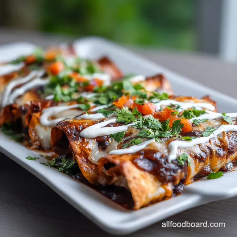 Elegantly plated enchilada oozing with melted cheese atop a bed of vibrant green lettuce and a dollop of sour cream.