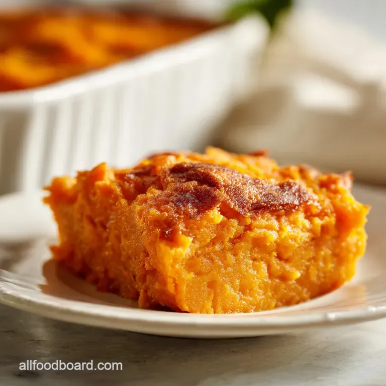 A smooth scoop of velvety orange sweet potato bake on a ceramic plate with a toasted marshmallow topping.