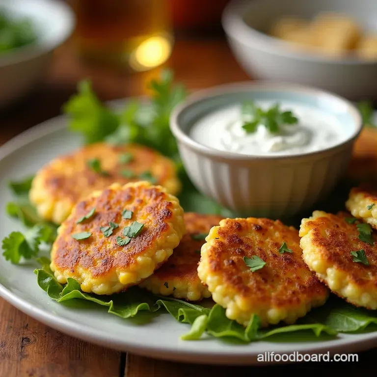Sweetcorn Zucchini Fritters with Creamy Garlic Yogurt Dip presentation