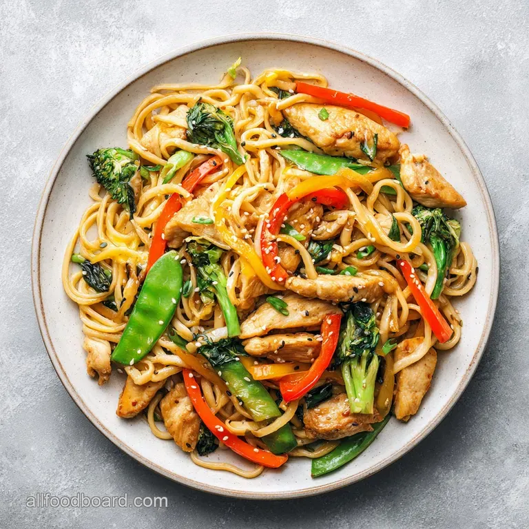 Perfectly twirled noodles with glazed chicken and colorful crisp-tender vegetables arranged on a modern plate. Steamy and ...