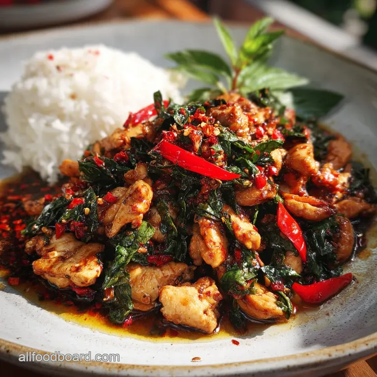 Thai basil chicken artfully arranged on a plate. Steam rises, showcasing the vibrant green basil and glistening peppers.