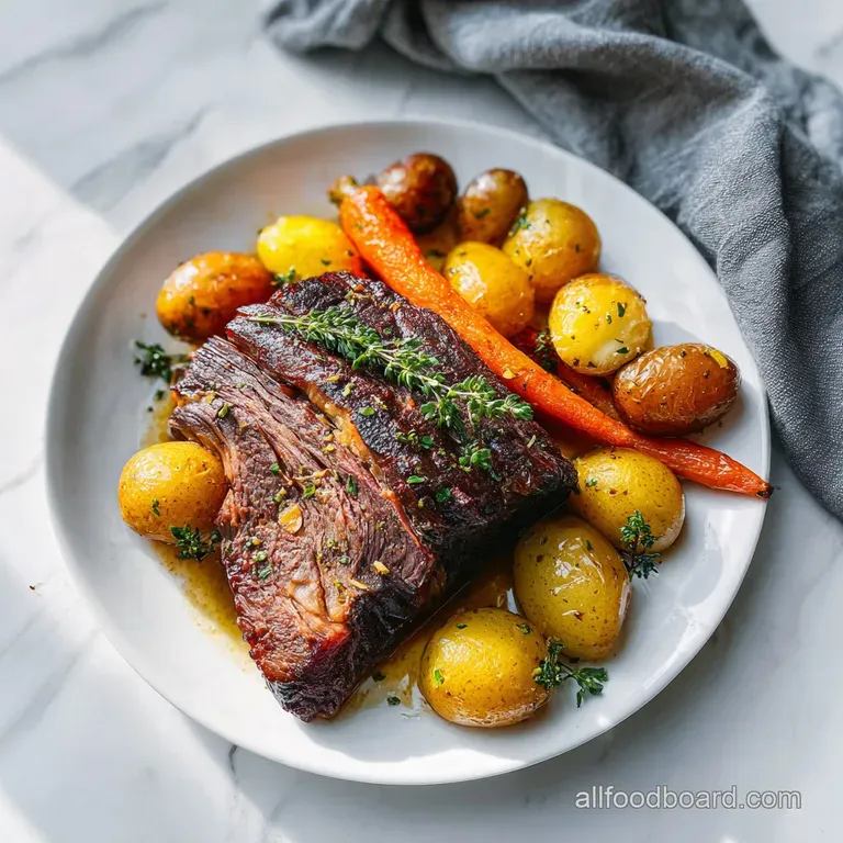 Slices of succulent pot roast glistening in a dark, savory sauce, served with vibrant carrots.