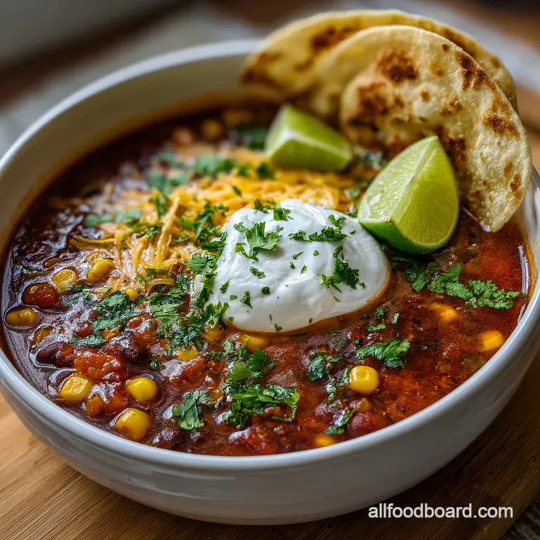 Garnished taco soup in a white bowl: melted cheese, fresh cilantro, diced tomatoes, and a dollop of cool sour cream.