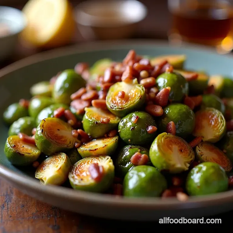 The Too Good To Be Just A Side MapleBacon Brussels Sprouts with Toasted Pecans Balsamic Glaze presentation