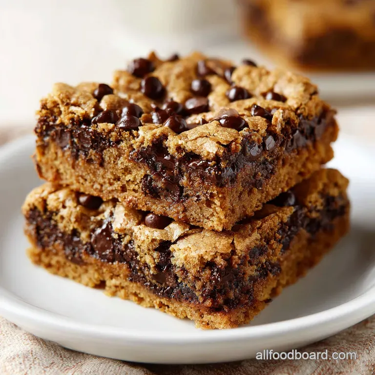 Stacked, golden-brown cookie bars with vibrant candy pieces on a white plate, drizzled with melted chocolate and sprinkled...