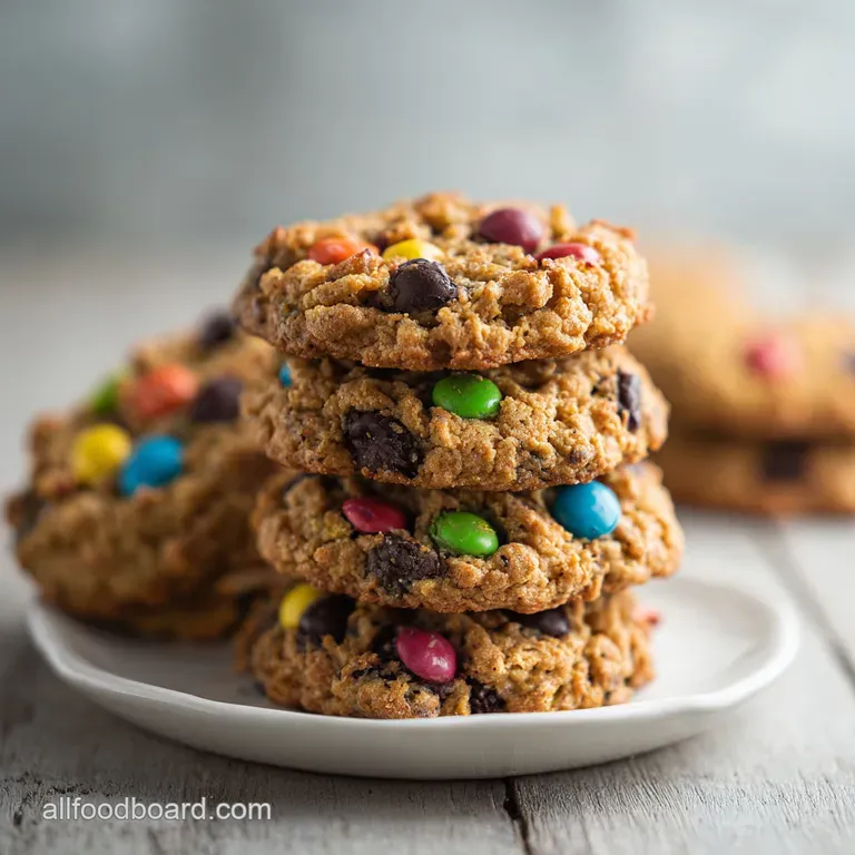 A single, oversized monster cookie, its chewy edges slightly browned, topped with rainbow sprinkles on a white plate.