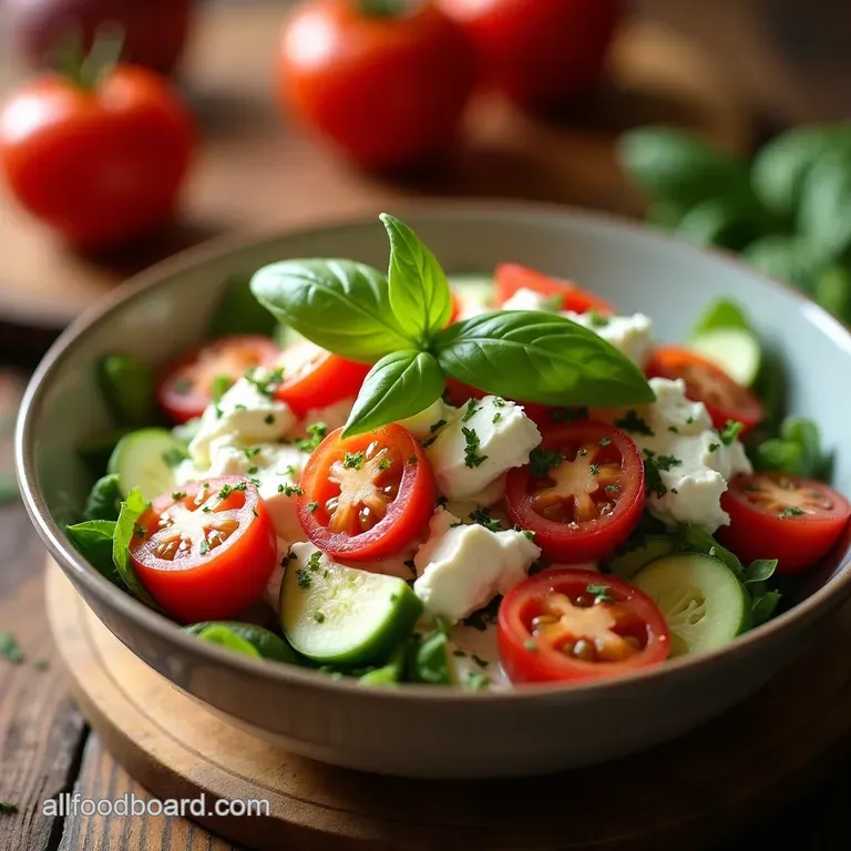 Sunshine in a Bowl Creamy Tomato Basil Cottage Cheese Summer Salad presentation