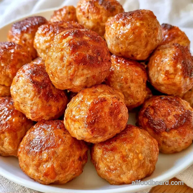 Savory browned meatballs arranged on a white plate with a swirl of creamy sauce and a sprig of fresh green parsley.