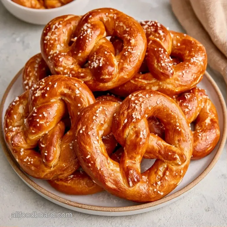 Warm, salted knots arranged on a rustic slate platter beside a small ceramic bowl of creamy yellow mustard.