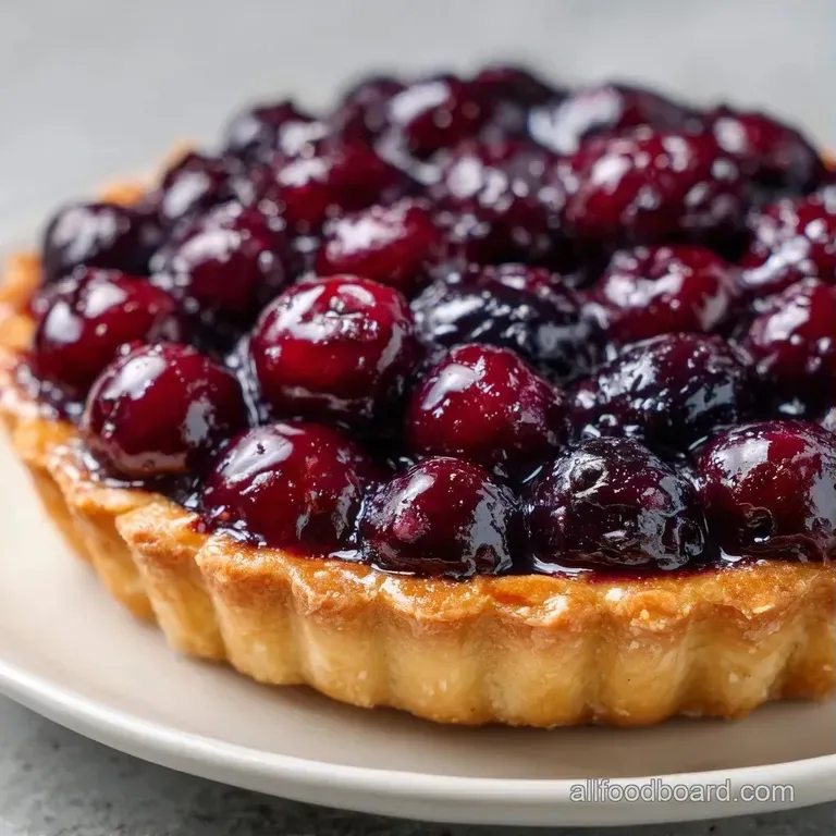 A slice of deep purple berry pie with a buttery crust on a white plate, topped with a dollop of fluffy cream.