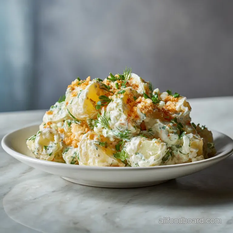 A generous scoop of cool potato salad, topped with a sprinkle of paprika and a sprig of dill, sits beside grilled chicken.