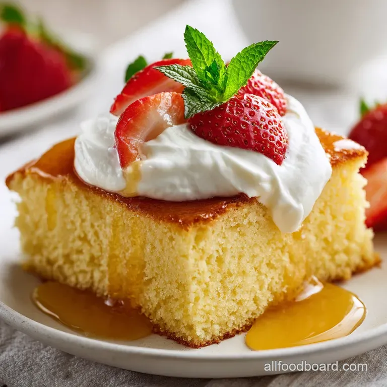 A delicate slice of milk-soaked cake, pooling with creamy white sauce, sits elegantly on a white plate, dusted with spice.