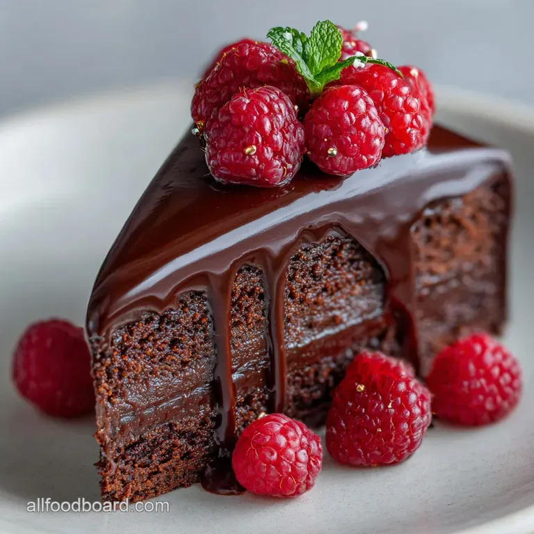 Slice of decadent chocolate cake on a white plate. Glossy ganache glistens, raspberries add a pop of color, dusted with co...