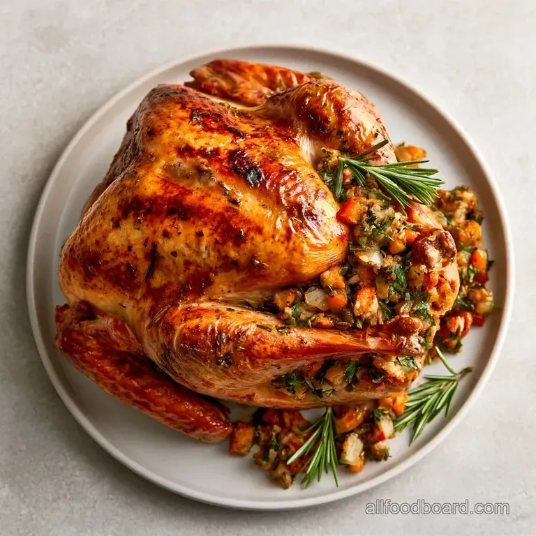 A thick slice of juicy white meat paired with a scoop of savory stuffing and a drizzle of glossy brown gravy.
