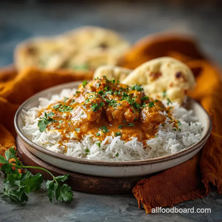 Elegant butter chicken plated with fresh cilantro, a swirl of cream, and warm naan bread, ready to be served.