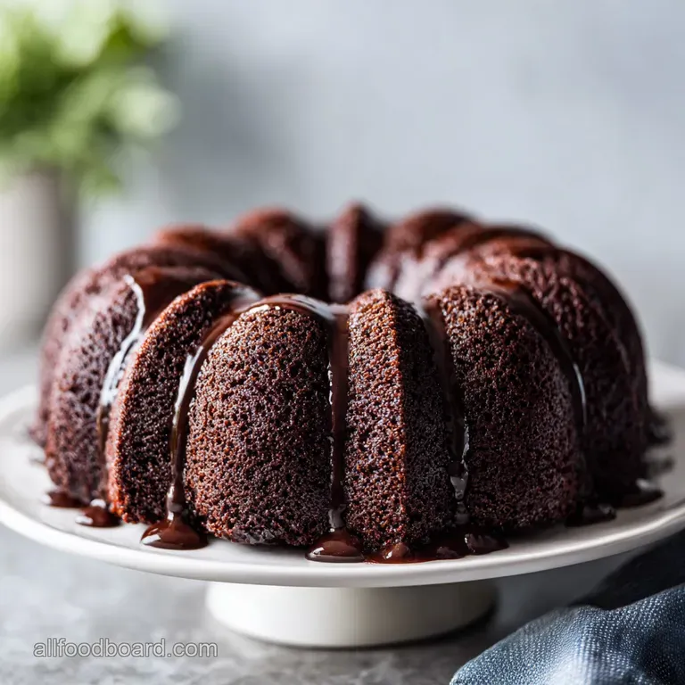 Slice of dark chocolate bundt cake; fudgy glaze shimmers on top, served with a scattering of fresh raspberries and mint.
