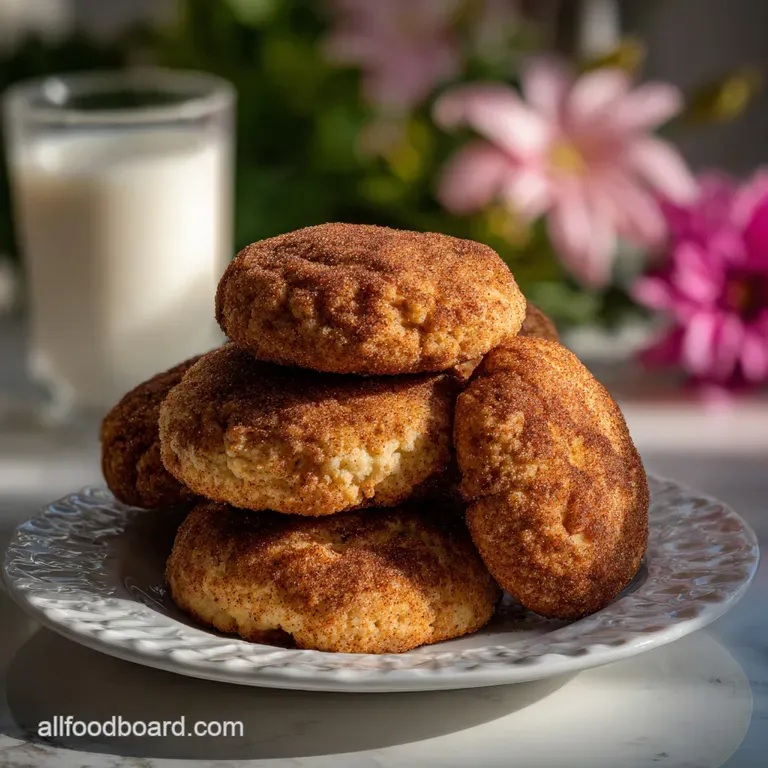 Perfectly baked snickerdoodles arranged artfully on a white ceramic plate. Hints of cinnamon sugar offer a visual promise ...