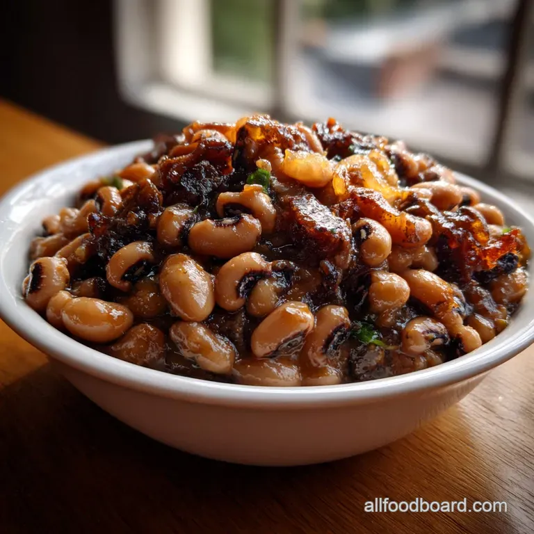 Deep green pot liquor, glistening with oil, surrounds tender, simmered greens and a few pieces of savory ham hock, photogr...