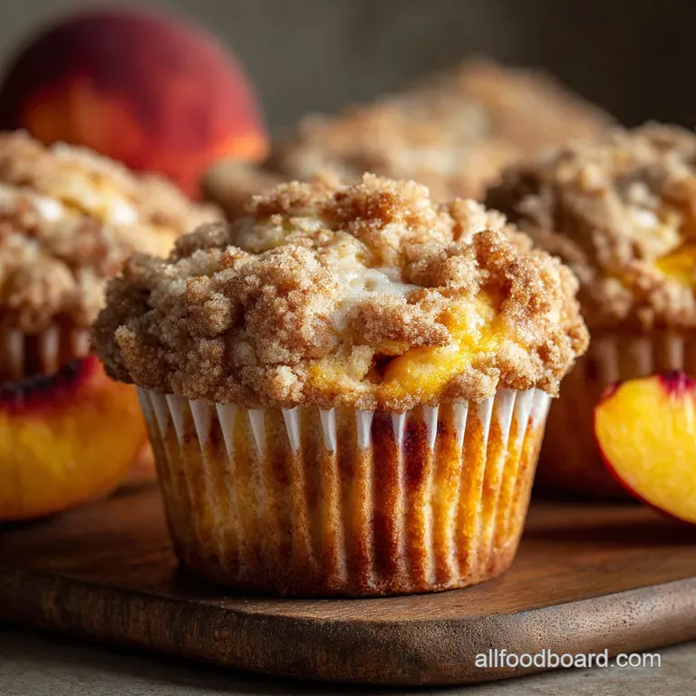 Ultramoist Vanilla Peach Muffins with Buttery Crumb Topping presentation