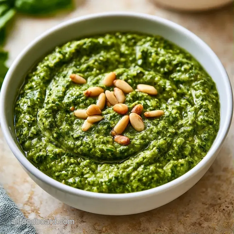 A swirl of bright green herb sauce on a minimalist white plate, garnished with fresh basil and cracked black pepper.