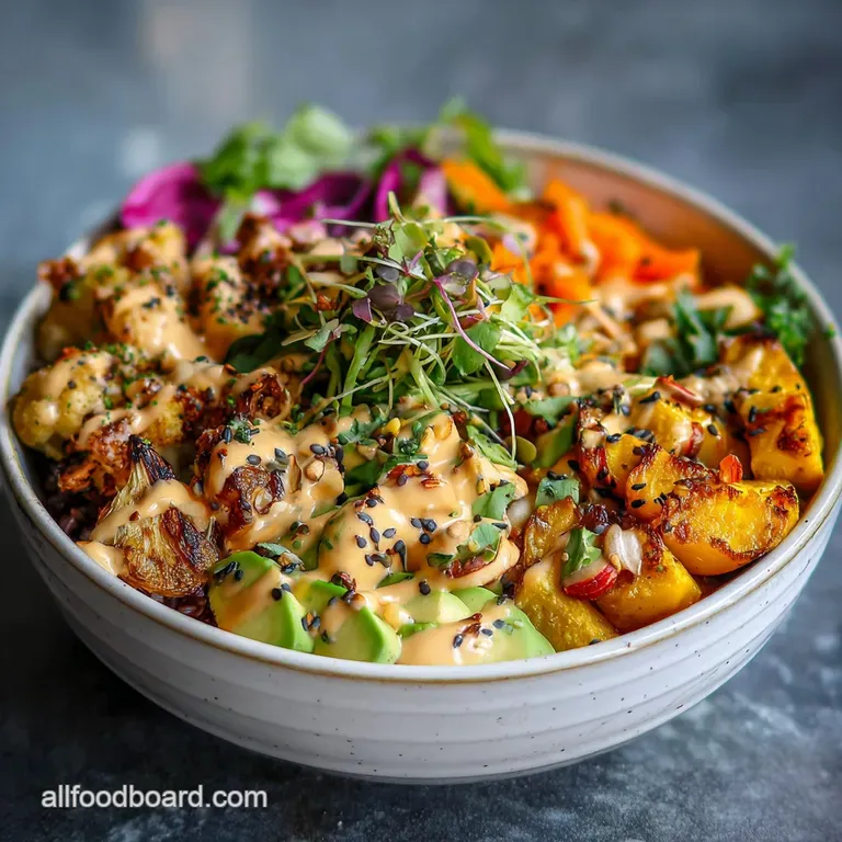 A beautifully arranged vegan bowl: golden tofu, fluffy quinoa, colorful sprouts, and creamy avocado create an inviting and...