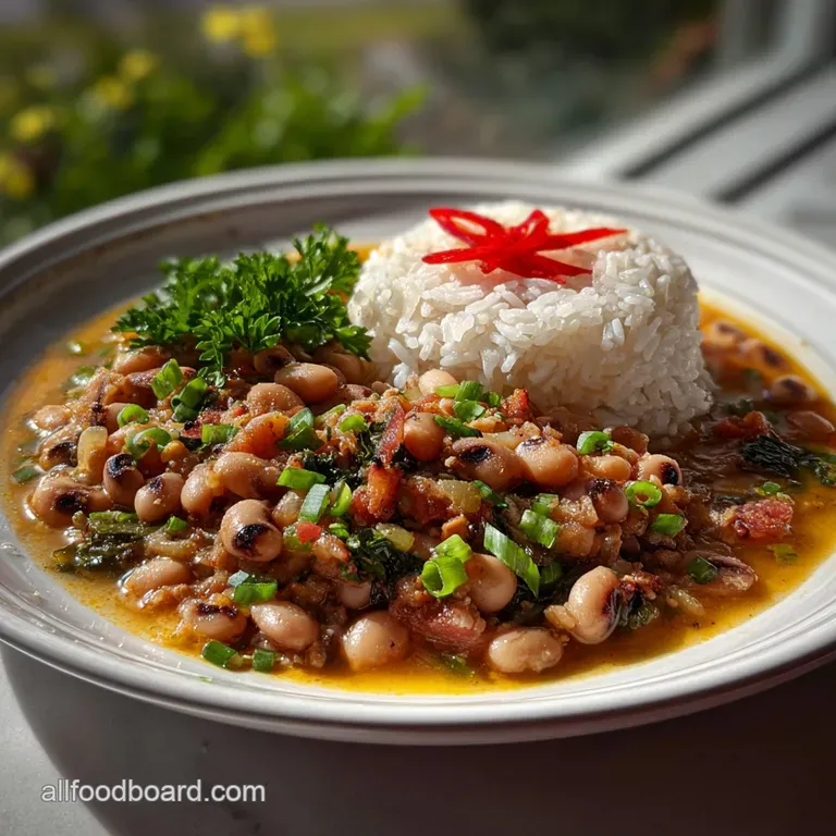 Elegant plating of Hoppin' John: creamy stew ladled beside a mound of fluffy white rice, garnished with a sprig of fresh h...