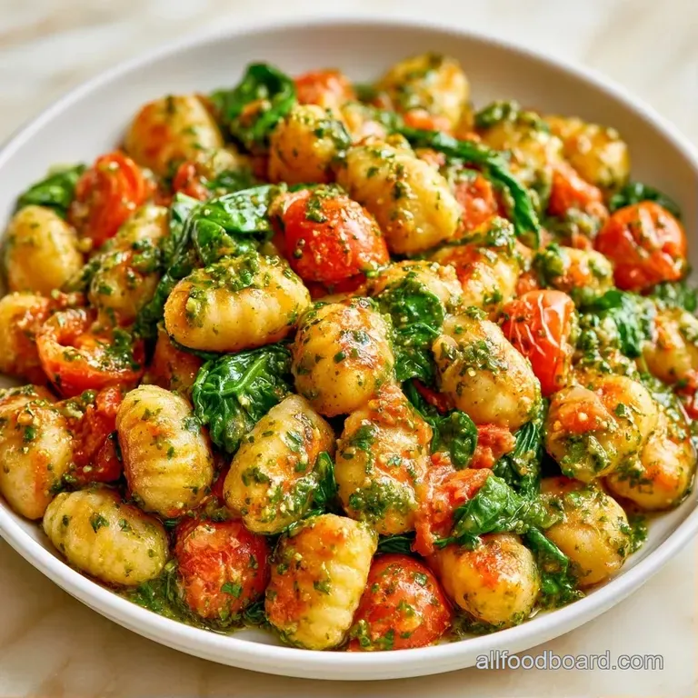 Soft pasta dumplings coated in bright green sauce, elegantly plated with parmesan shavings and fresh basil.